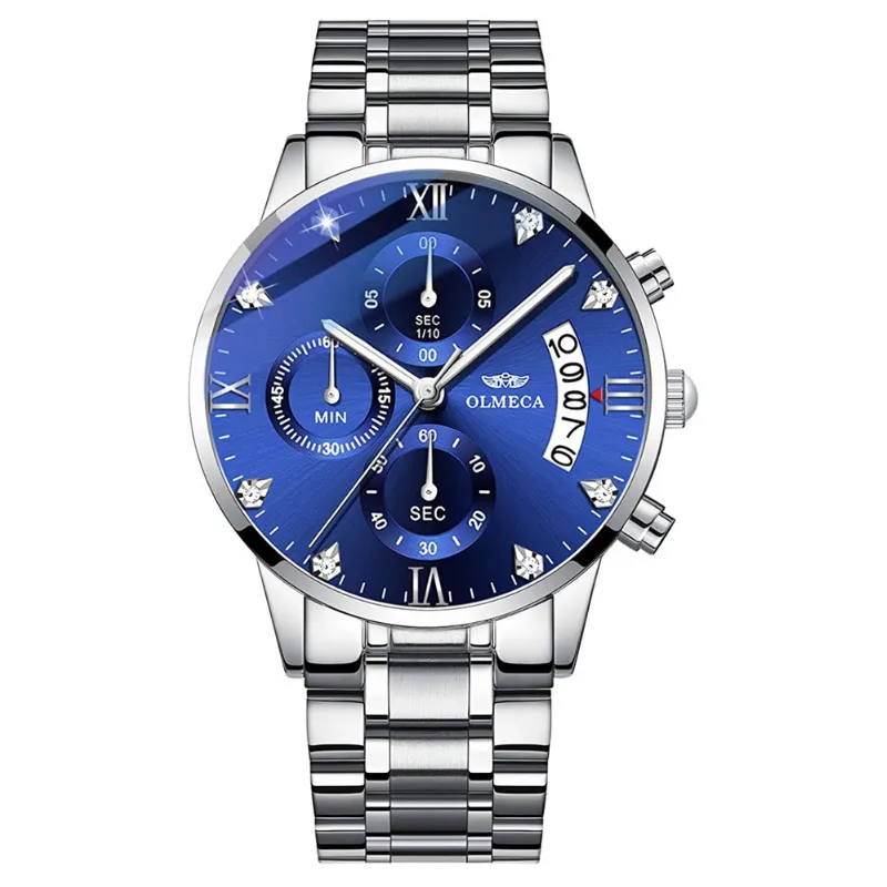 OLMECA Men's Watches Sports Fashion Business Casual Dress Wristwatches Chronograph Dials Calendar Date Window Waterproof Quartz Watches Stainless Steel Band 878