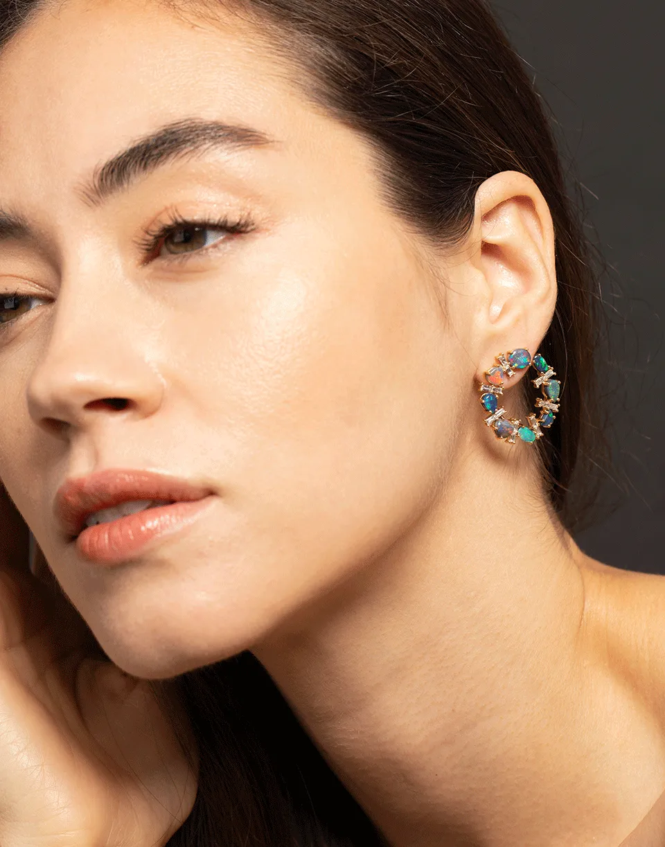 Opal and Diamond Crescent Hoop Earrings