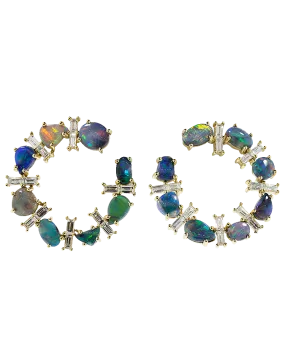 Opal and Diamond Crescent Hoop Earrings