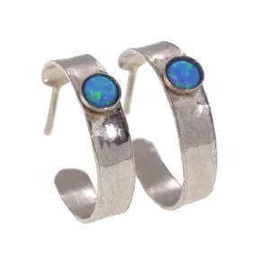 Open Hoop Earrings 4mm Blue Opal 925 Sterling Silver Hammered Hoops for women