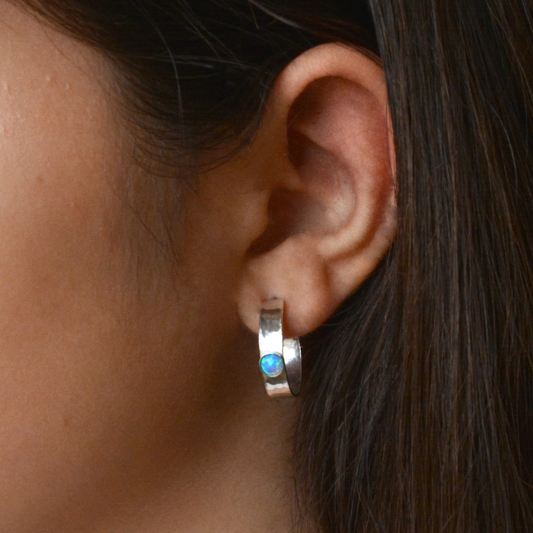 Open Hoop Earrings 4mm Blue Opal 925 Sterling Silver Hammered Hoops for women