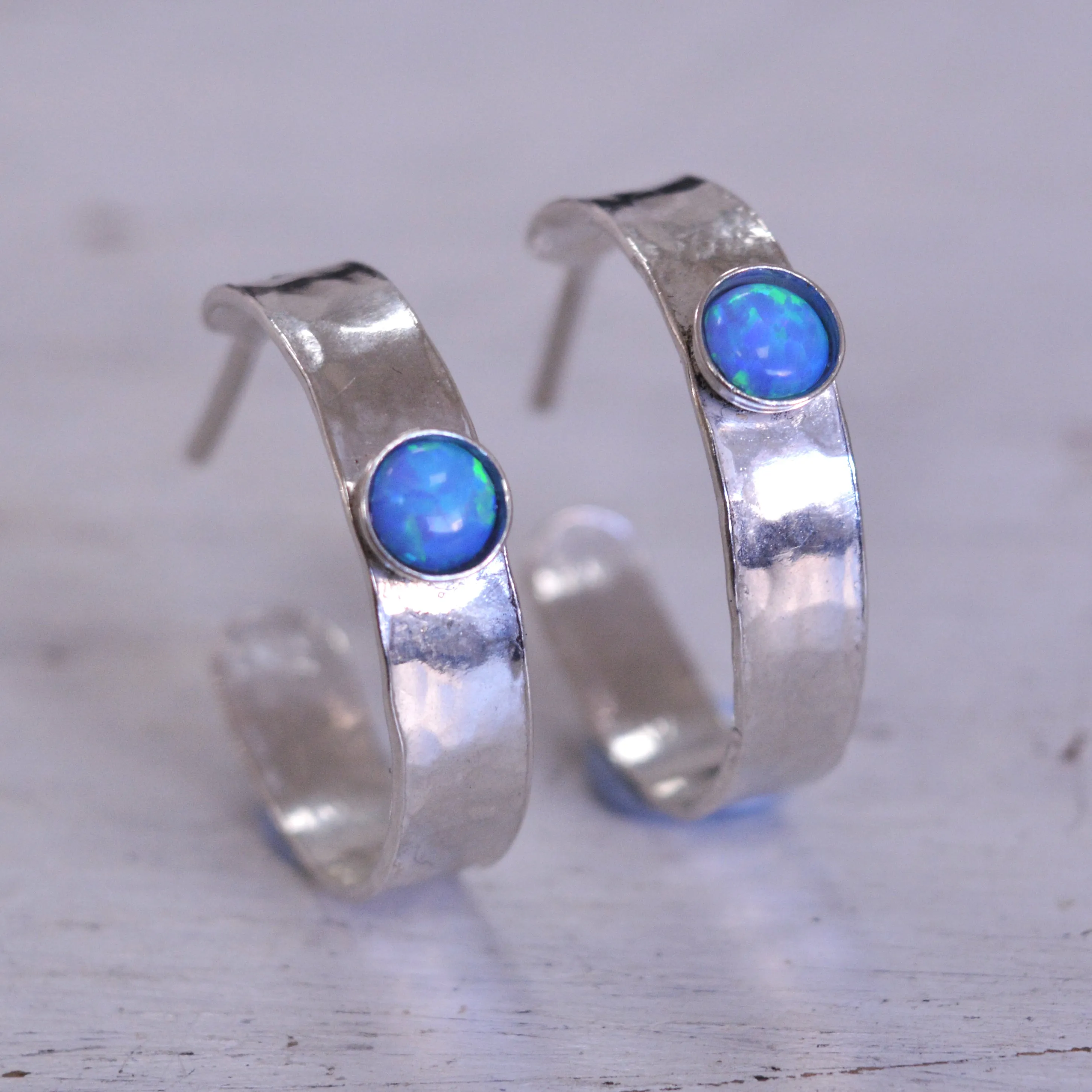 Open Hoop Earrings 4mm Blue Opal 925 Sterling Silver Hammered Hoops for women