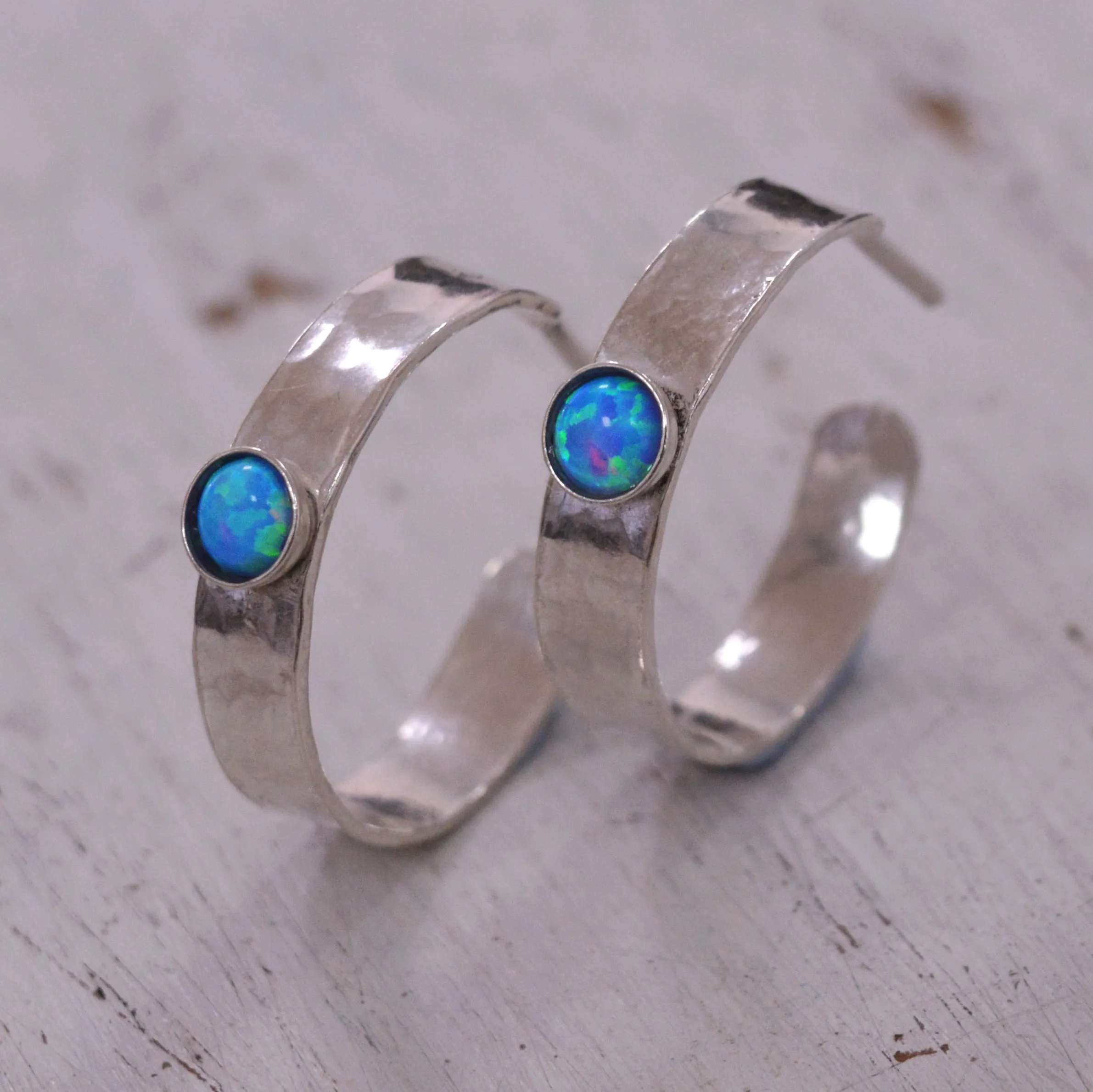 Open Hoop Earrings 4mm Blue Opal 925 Sterling Silver Hammered Hoops for women