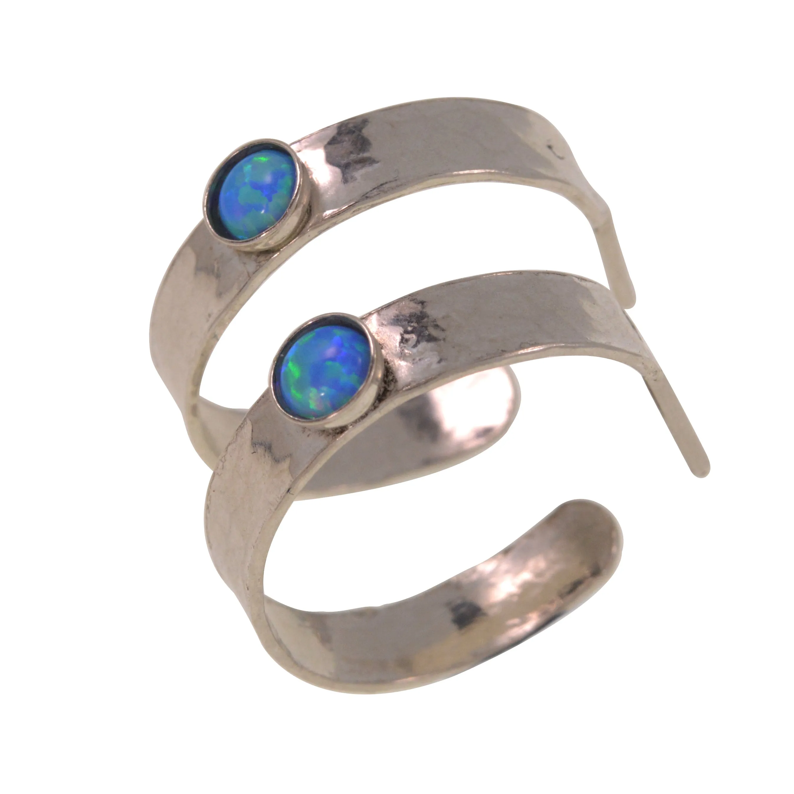Open Hoop Earrings 4mm Blue Opal 925 Sterling Silver Hammered Hoops for women