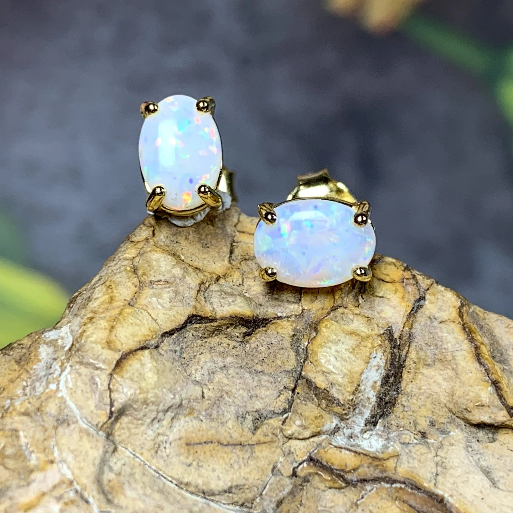 Pair of Gold plated silver 7x5mm White Opal studs