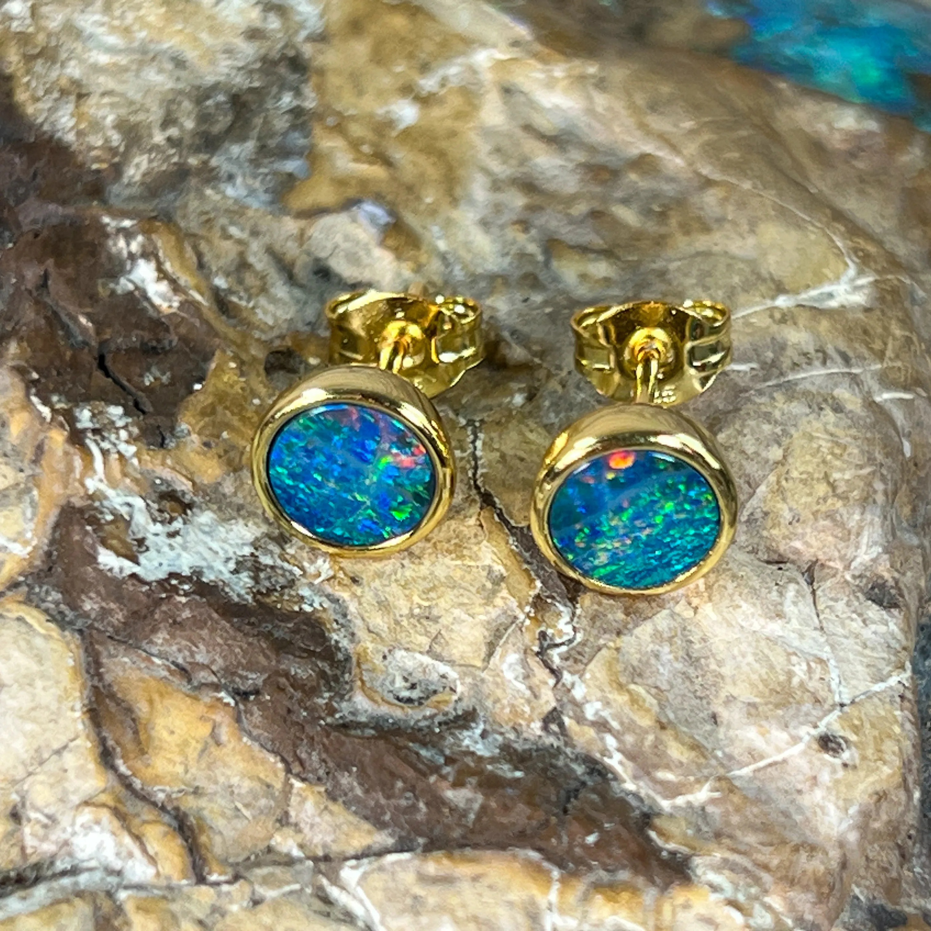 Pair of Gold plated sterling silver 6.5mm Round Opal doublets studs