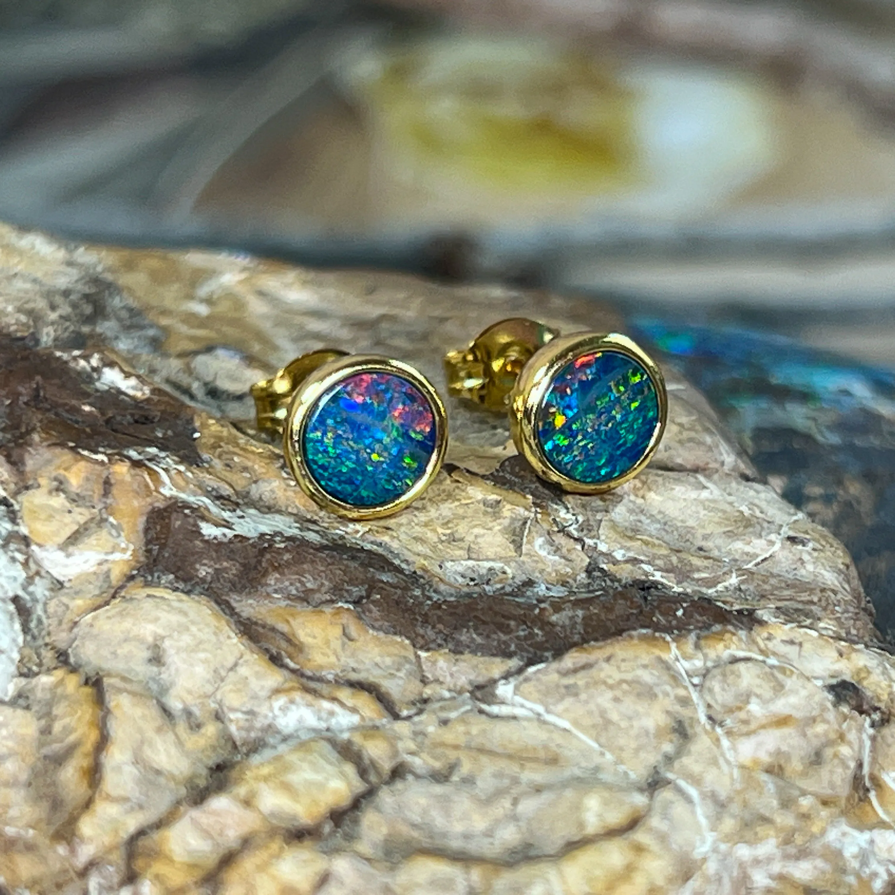 Pair of Gold plated sterling silver 6.5mm Round Opal doublets studs