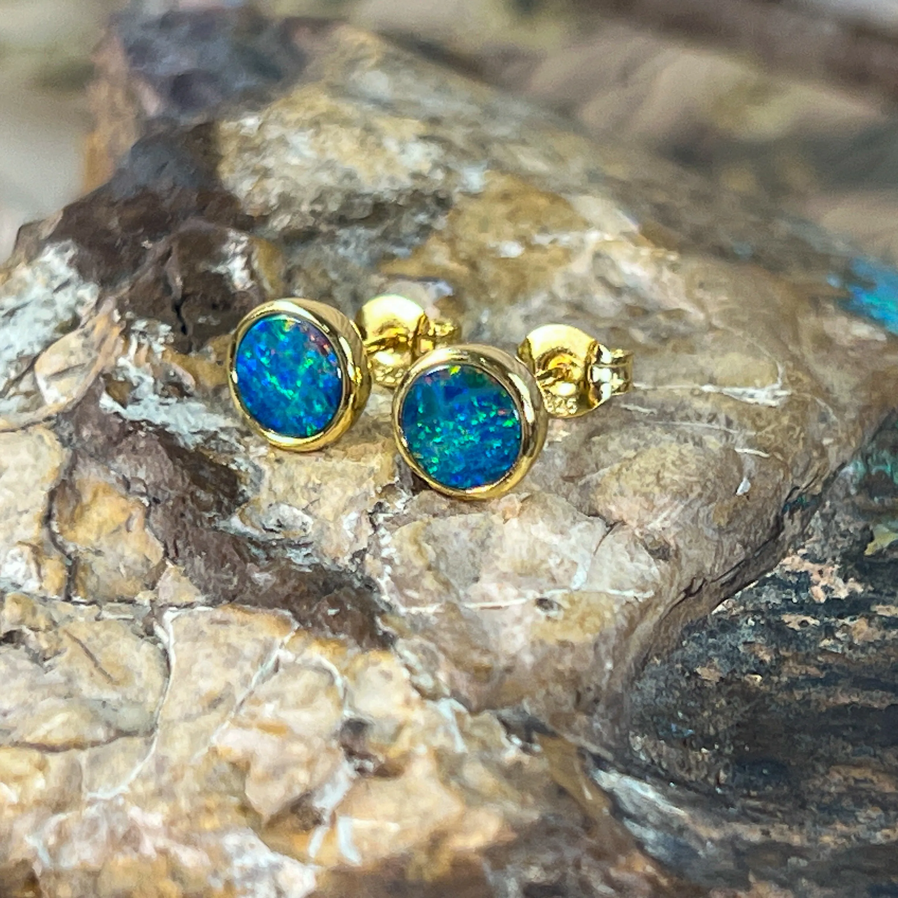 Pair of Gold plated sterling silver 6.5mm Round Opal doublets studs