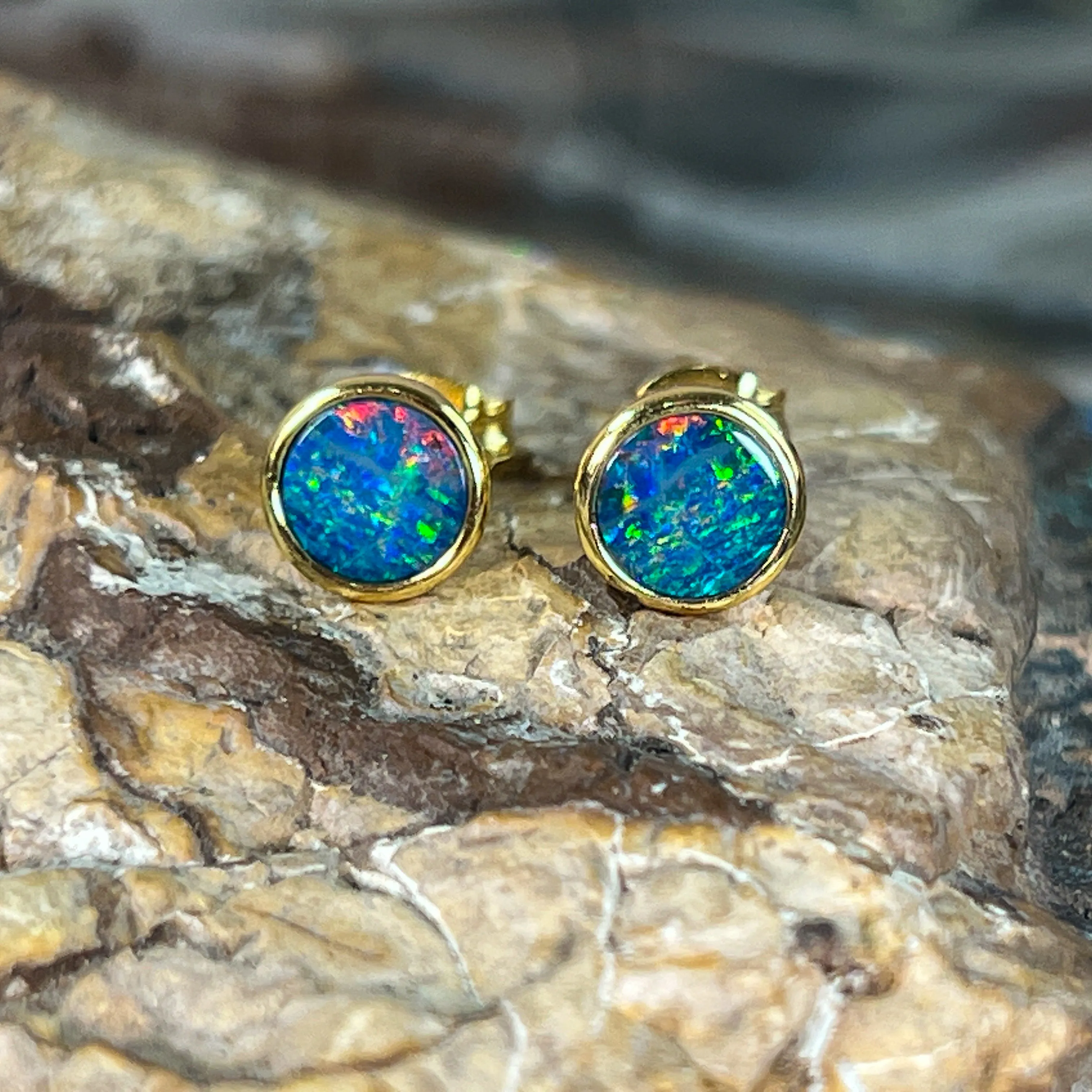 Pair of Gold plated sterling silver 6.5mm Round Opal doublets studs