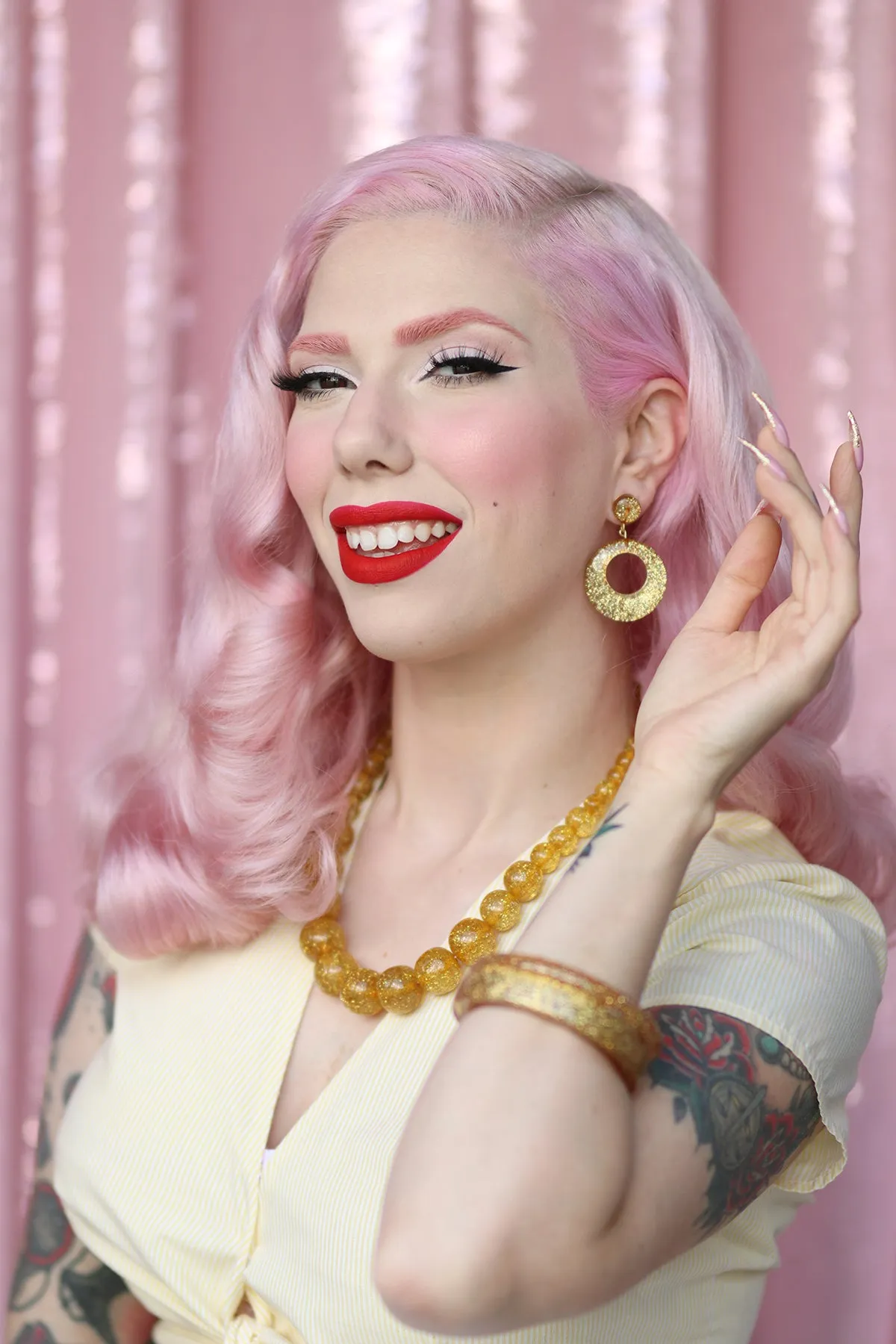 Pale Gold Glitter Drop Hoop Earrings
