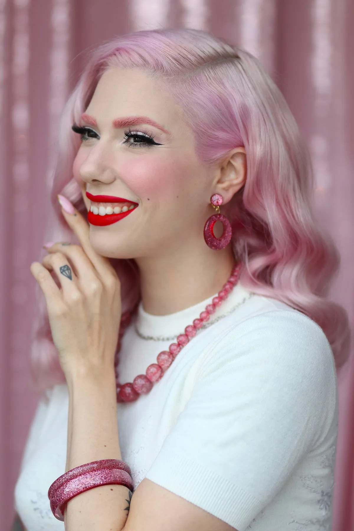Pale Pink Glitter Drop Hoop Earrings