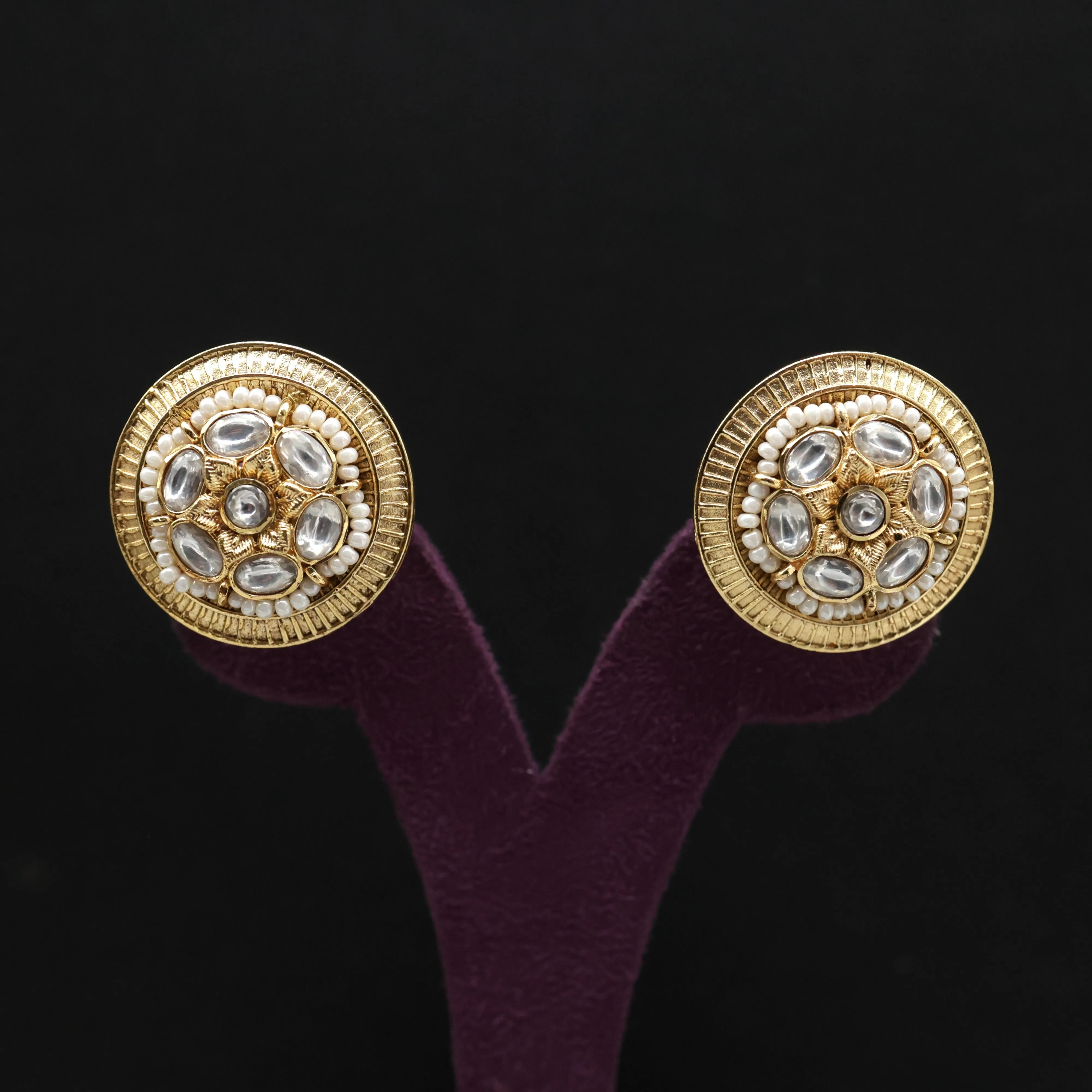 Pearl Chakra Jadau Kundan Big Stud Earrings - White