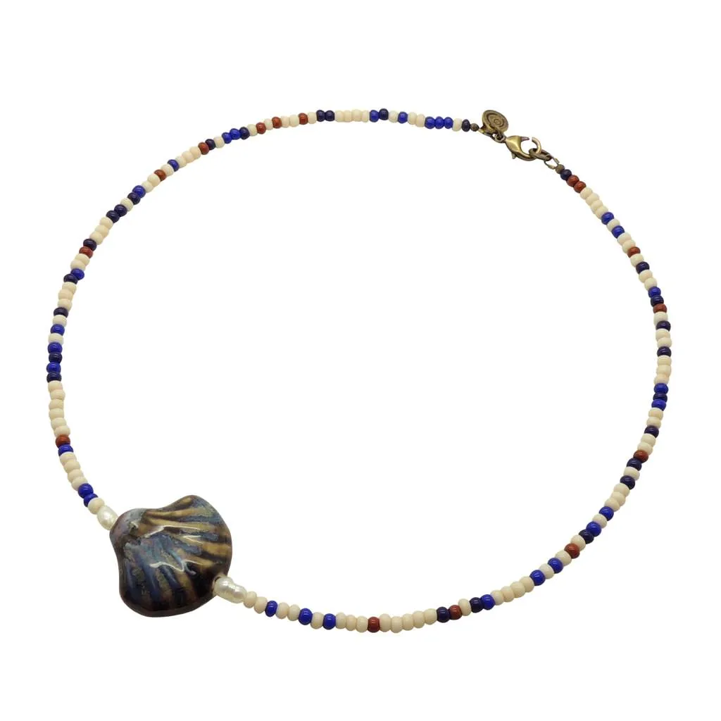 Porcelain Seashell Charm Glass Rocaille Bead Mix Necklace