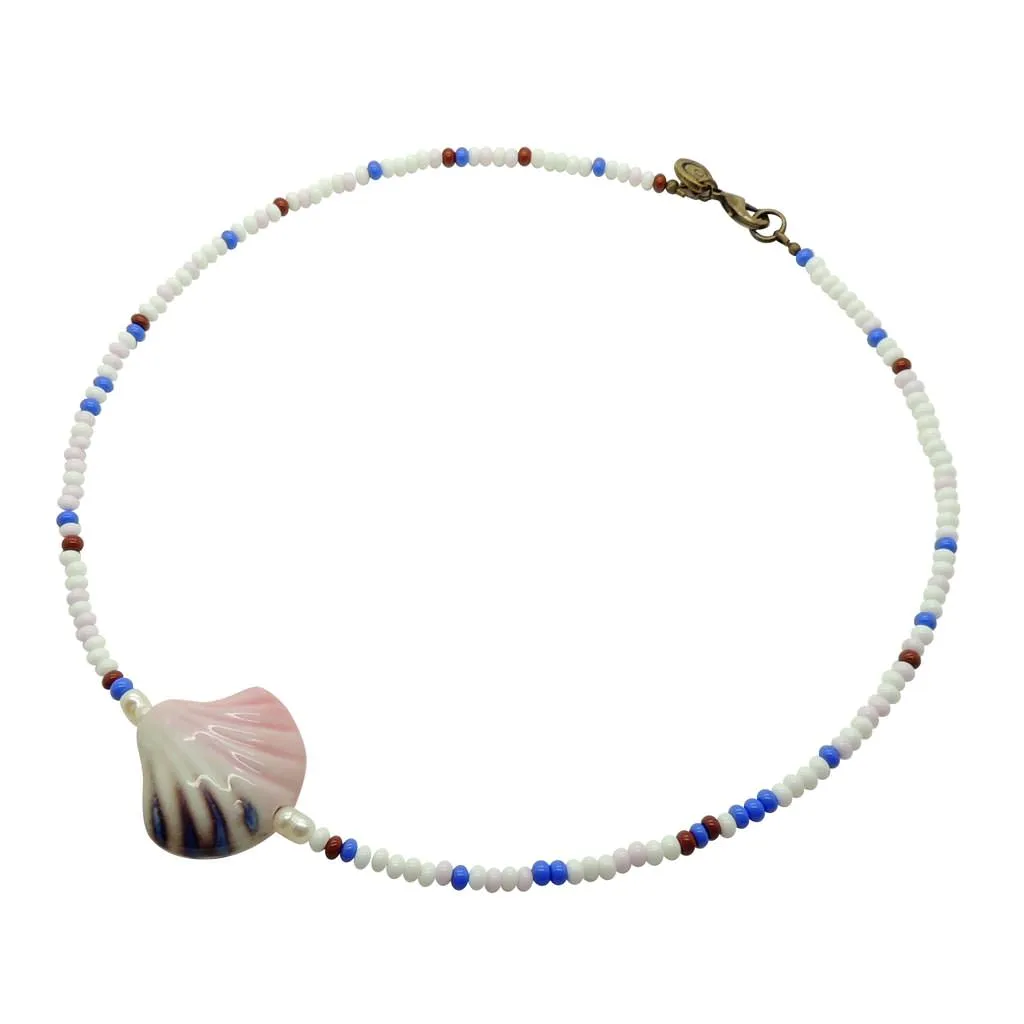 Porcelain Seashell Charm Glass Rocaille Bead Mix Necklace