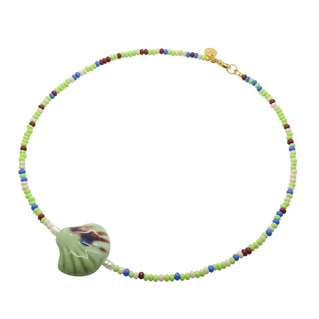 Porcelain Seashell Charm Glass Rocaille Bead Mix Necklace