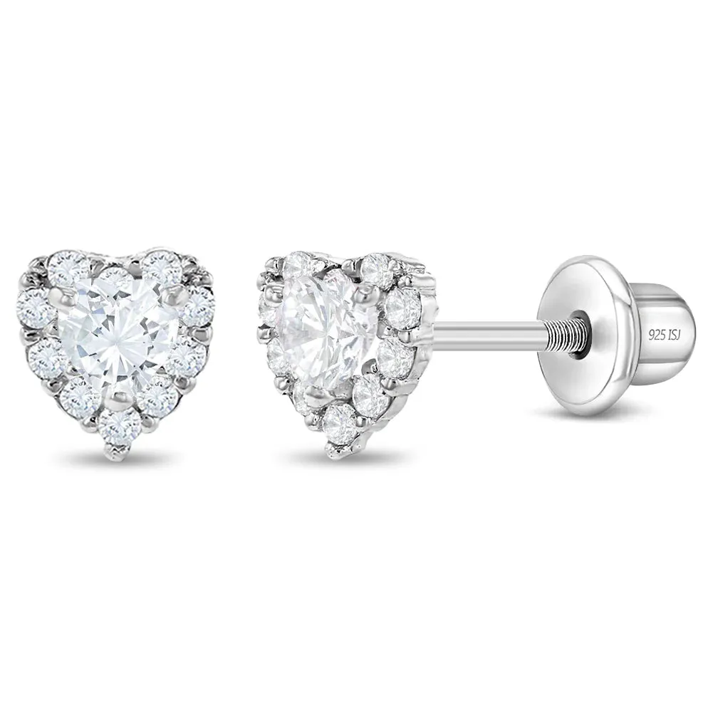 Princess Heart CZ Baby / Toddler / Kids Earrings Screw Back - Sterling Silver