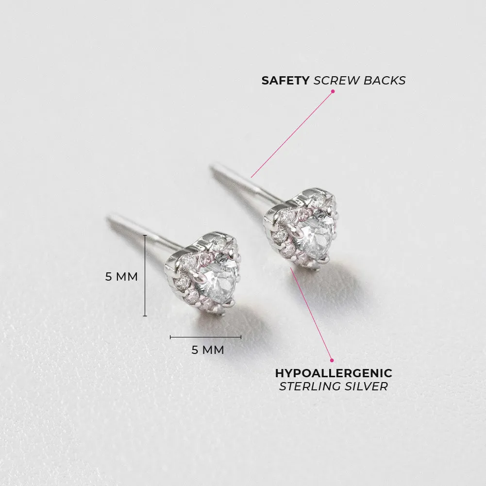 Princess Heart CZ Baby / Toddler / Kids Earrings Screw Back - Sterling Silver