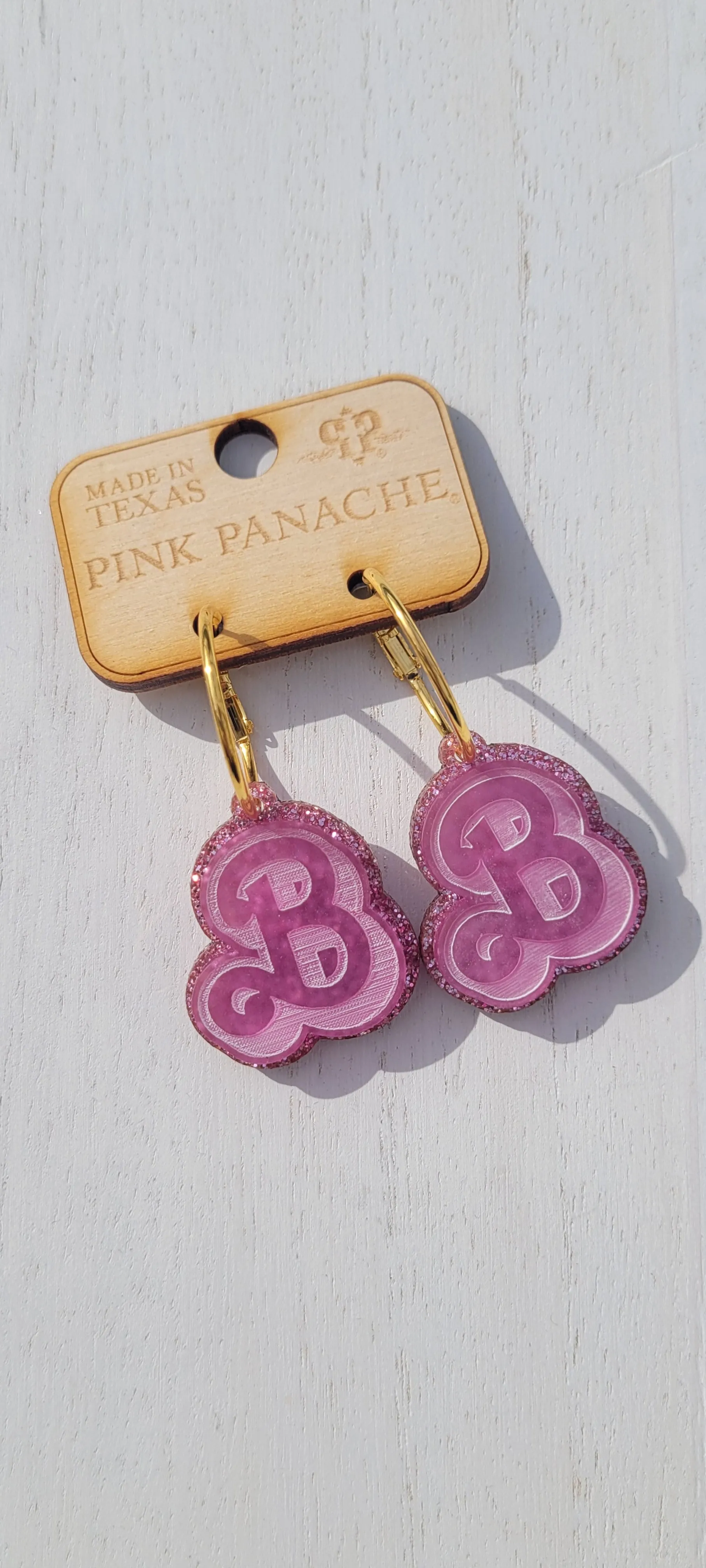 "B" Earrings - Pink Glitter - Pink Panache - FINAL SALE