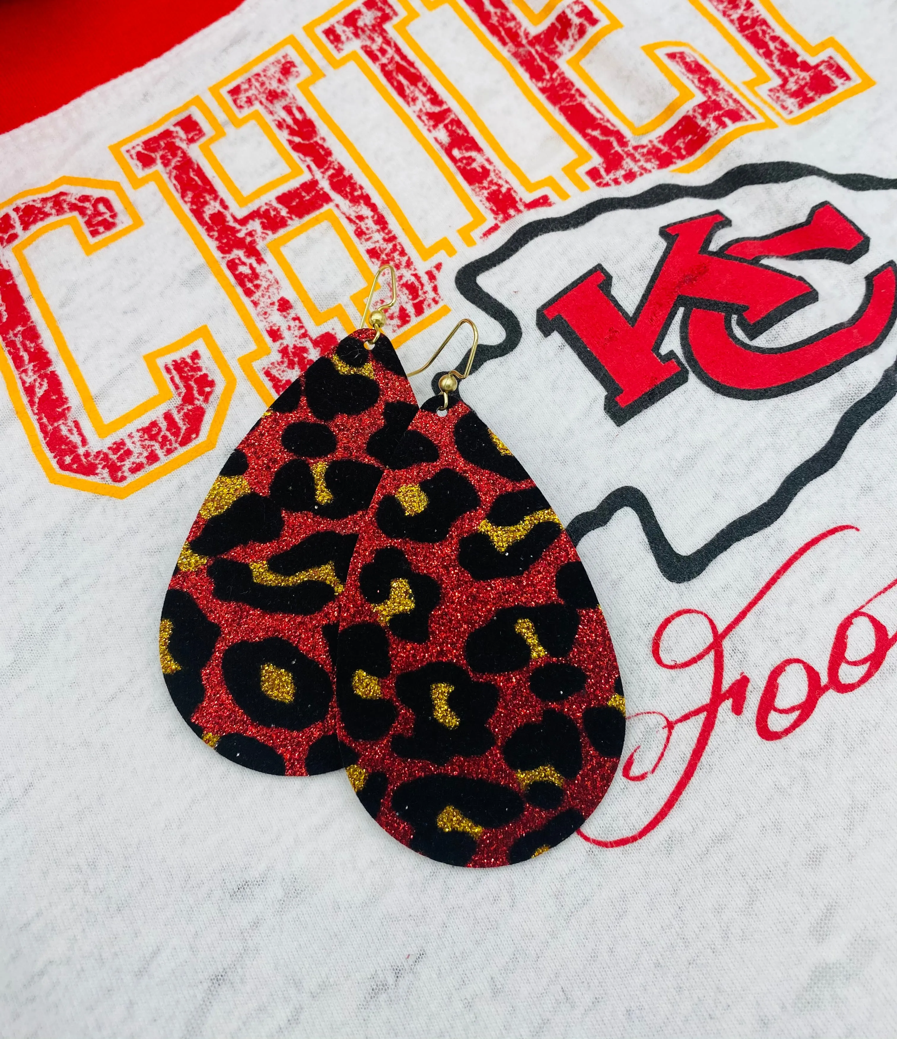 Red, Black, & Gold Cheetah Print Glitter Teardrop Dangle Earrings, Small