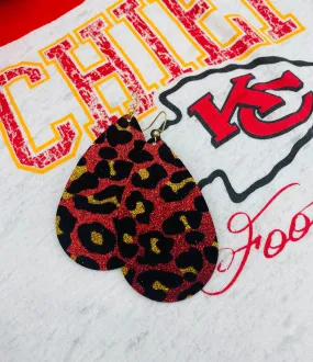 Red, Black, & Gold Cheetah Print Glitter Teardrop Dangle Earrings, Small