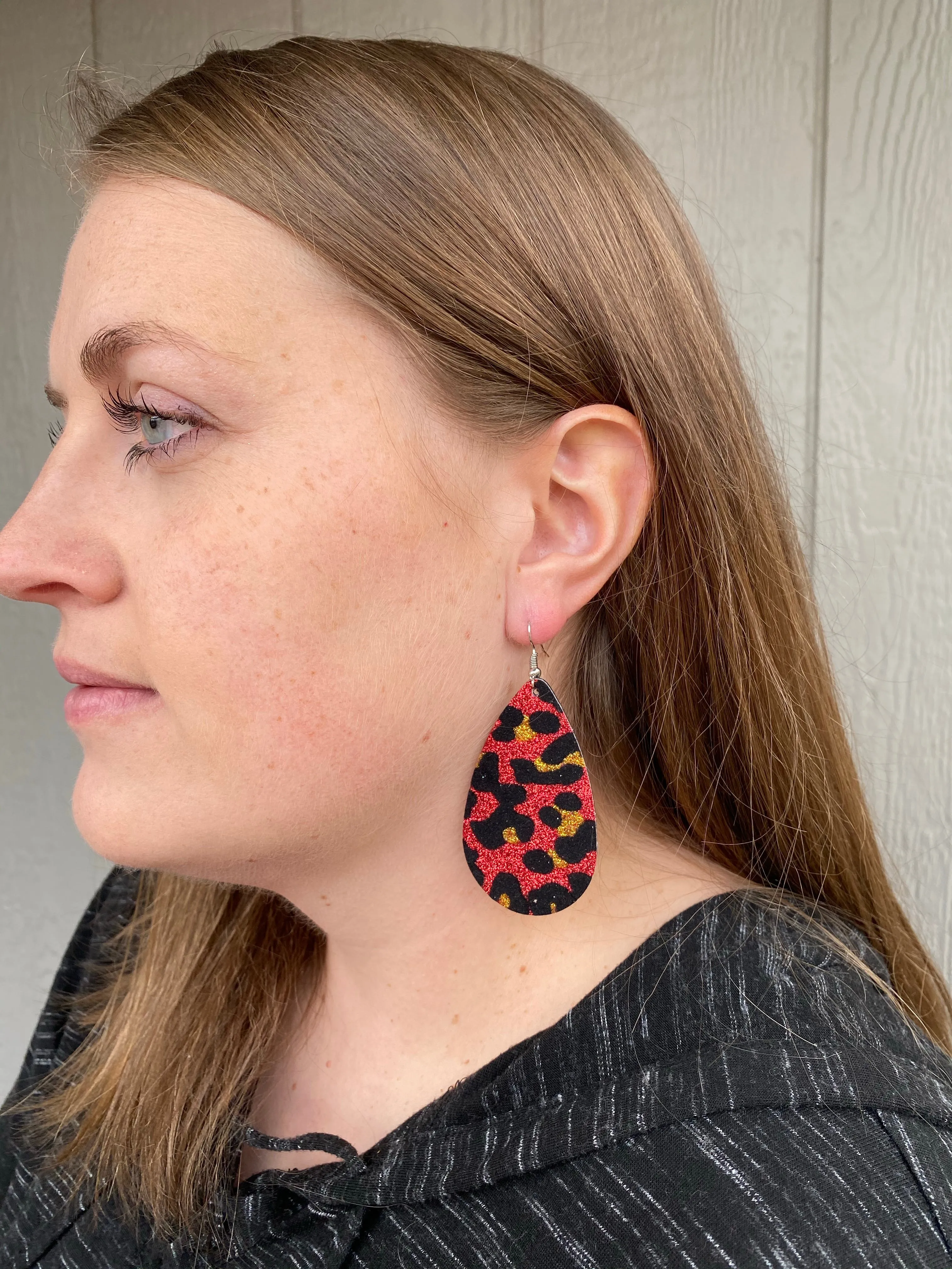 Red, Black, & Gold Cheetah Print Glitter Teardrop Dangle Earrings, Small