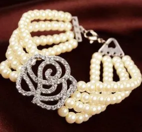 Rhinestone Studded Rose and Pearl Bracelet