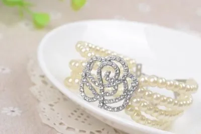 Rhinestone Studded Rose and Pearl Bracelet