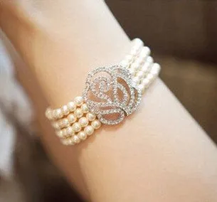 Rhinestone Studded Rose and Pearl Bracelet
