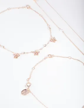 Rose Gold Butterfly Anklet & Bracelet 4 4-Pack Set
