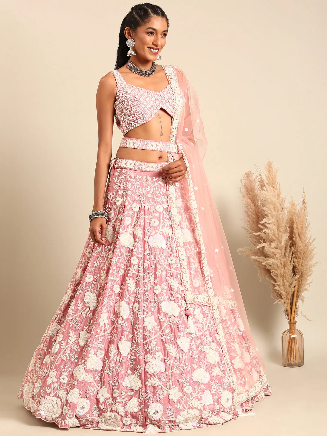 Rose Gold Chinon Sequins and Zarkan embroidery Semi-Stitched Lehenga choli & Dupatta