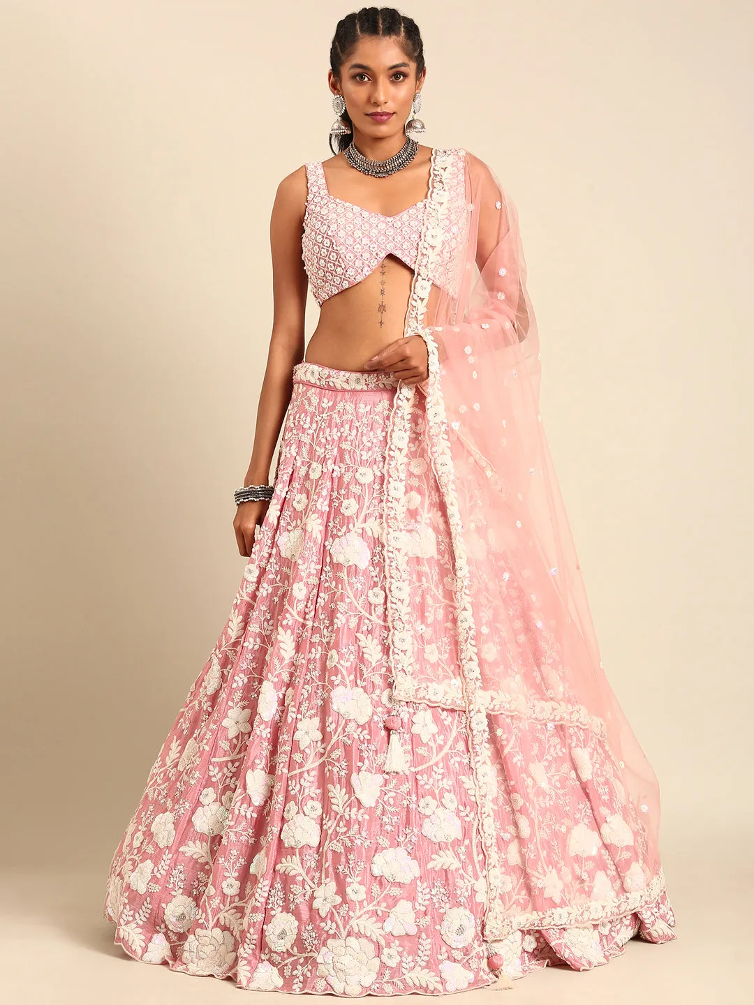 Rose Gold Chinon Sequins and Zarkan embroidery Semi-Stitched Lehenga choli & Dupatta