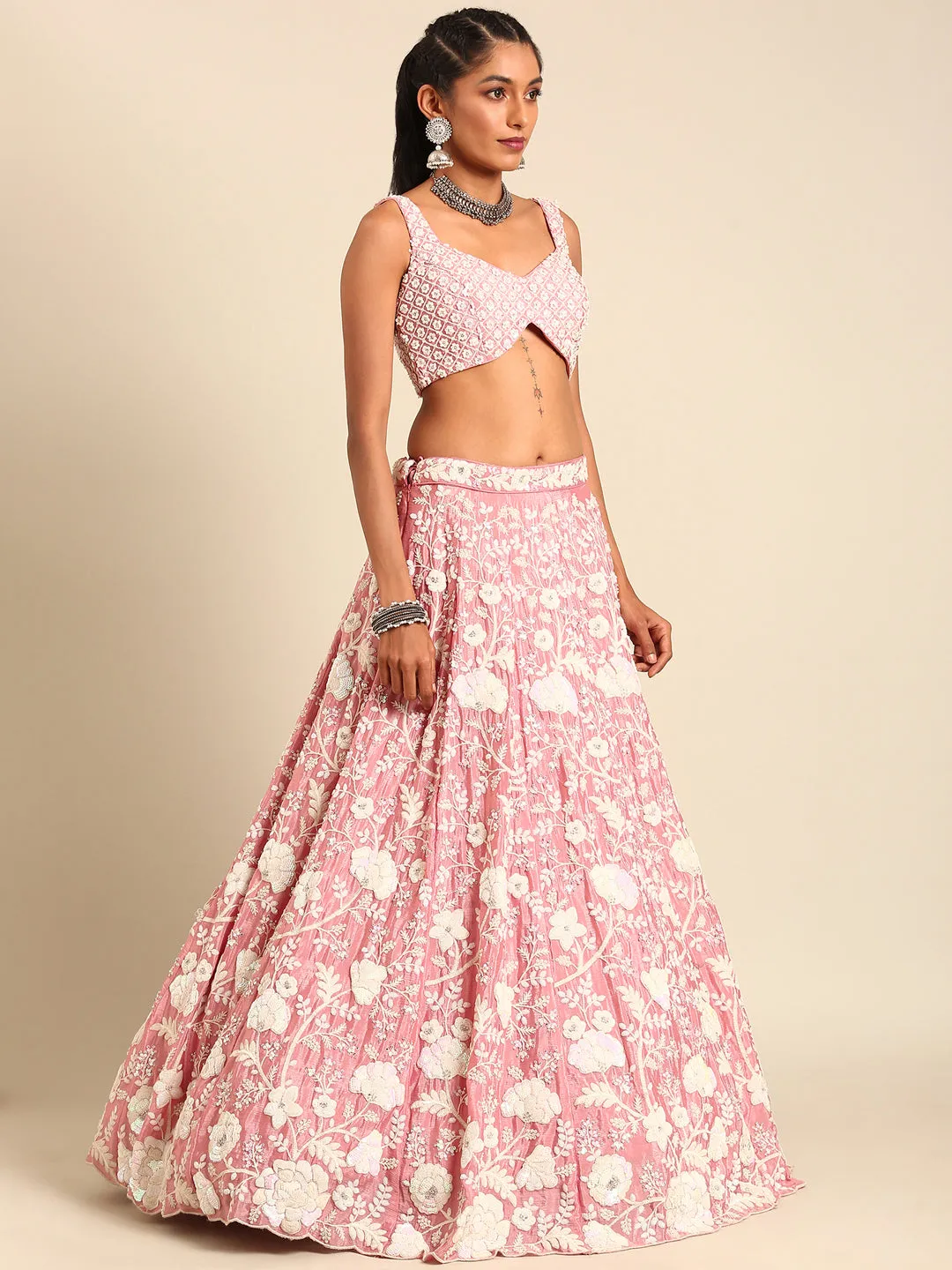Rose Gold Chinon Sequins and Zarkan embroidery Semi-Stitched Lehenga choli & Dupatta