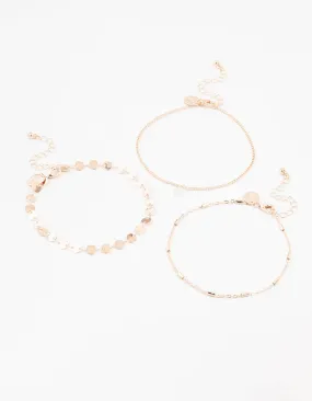 Rose Gold Disc Chain Diamante Anklets 3-Pack