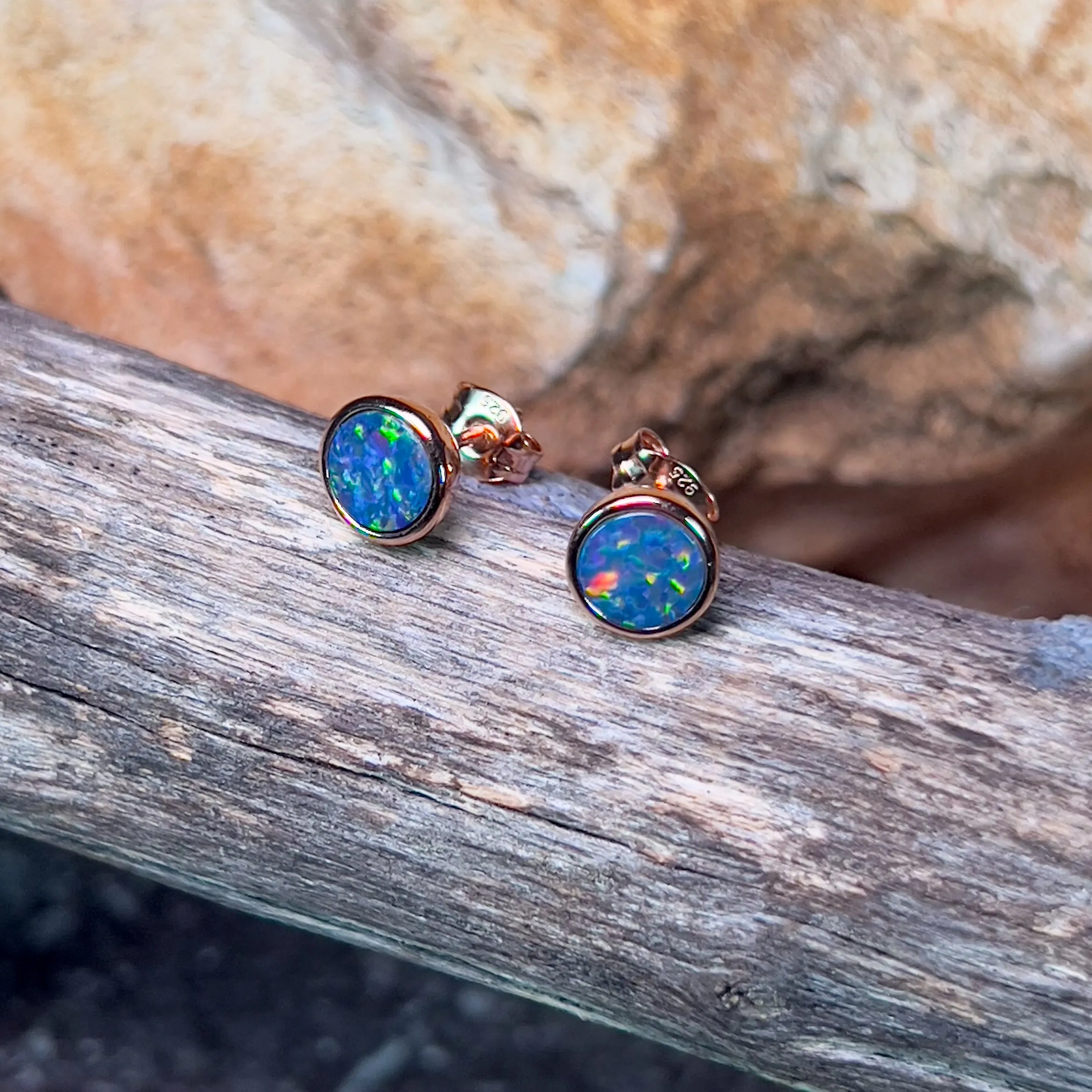 Rose Gold plated Silver Round Opal doublet studs