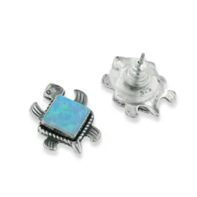 Sea Turtle - Southwestern Style Sterling Silver Blue Created Opal Stud Earrings