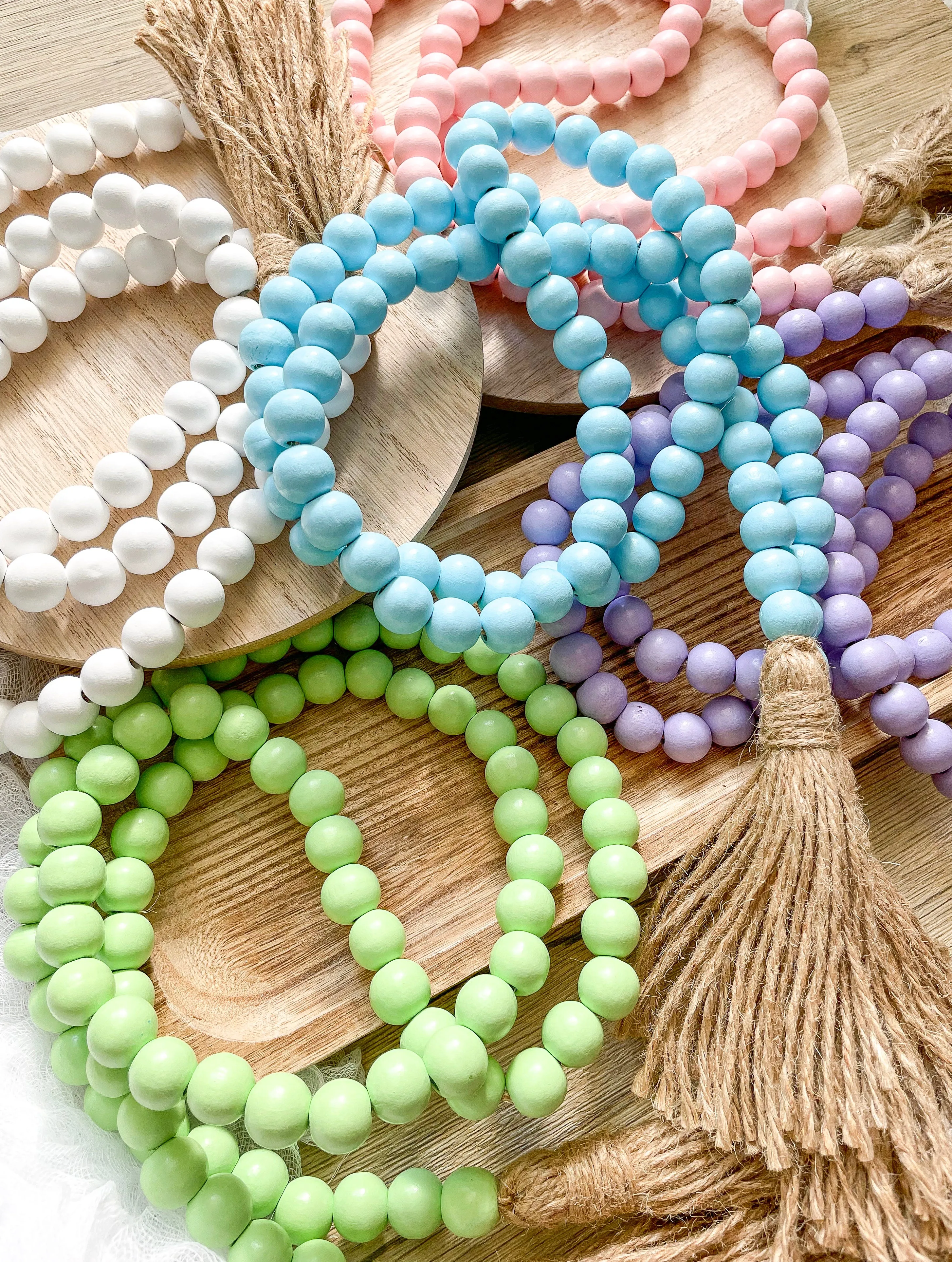Set of 2 Light Green and Light Purple Wooden Bead Garlands with Tassels