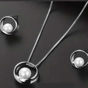 Silver and Pearl Detail Necklace and Earrings Set