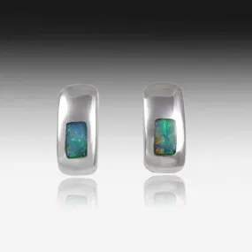 Silver Inlay Opal Earrings - Dainty & Cute Handmade Studs, Minimalist Opal Jewelry, Perfect Birthstone Gift for Her