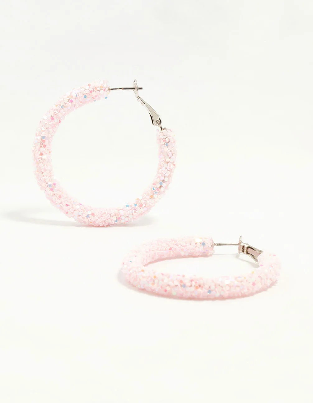 Silver Pink Glitter Hoop Earrings