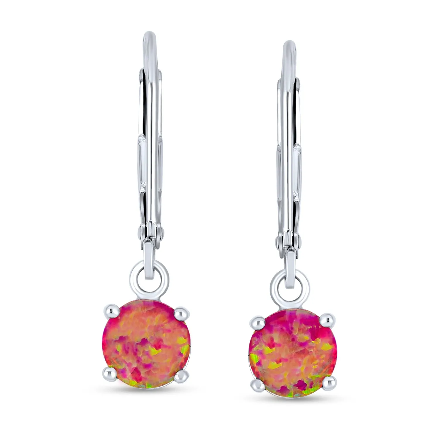 Simple Solitaire Pink Created Opal Dangle Gemstone Earrings in Sterling Silver