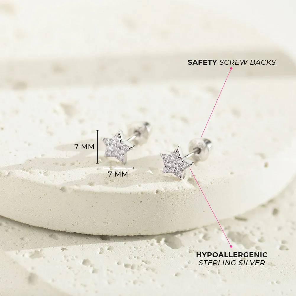 Sparking CZ Stars Baby / Toddler / Kids Earrings Screw Back - Sterling Silver