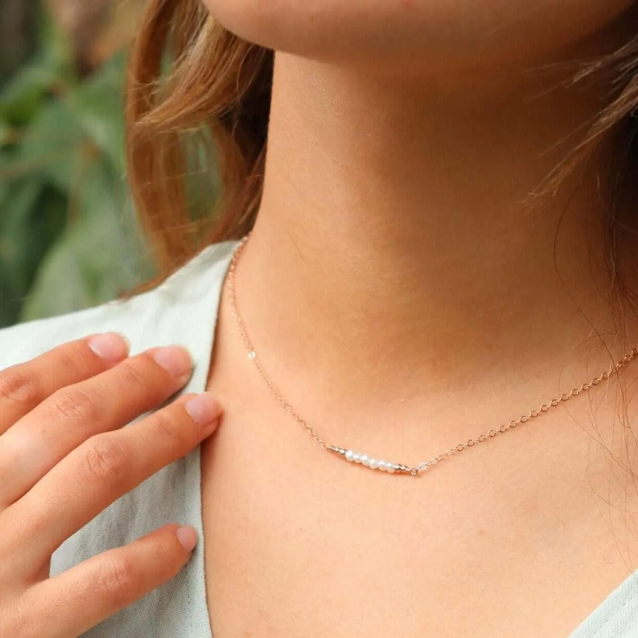 Sparkling White Freshwater Pearl Tiny Bead Bar Necklace