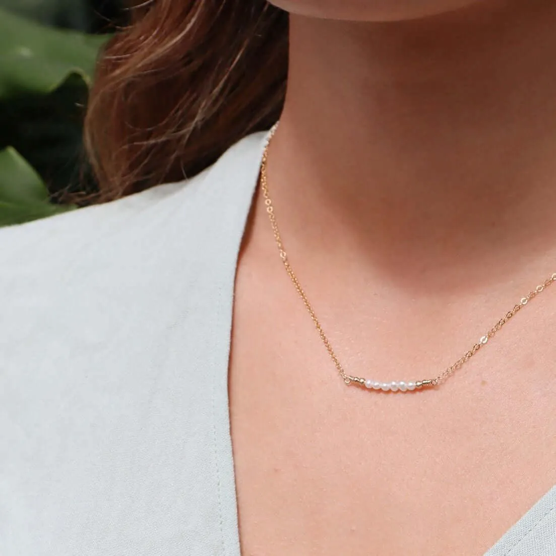Sparkling White Freshwater Pearl Tiny Bead Bar Necklace