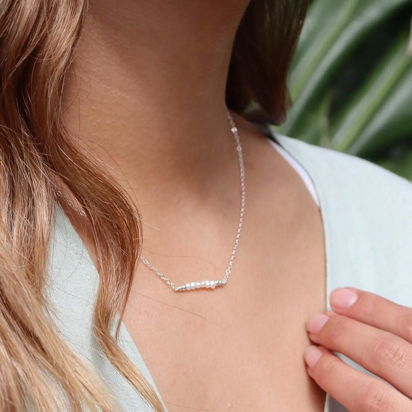Sparkling White Freshwater Pearl Tiny Bead Bar Necklace