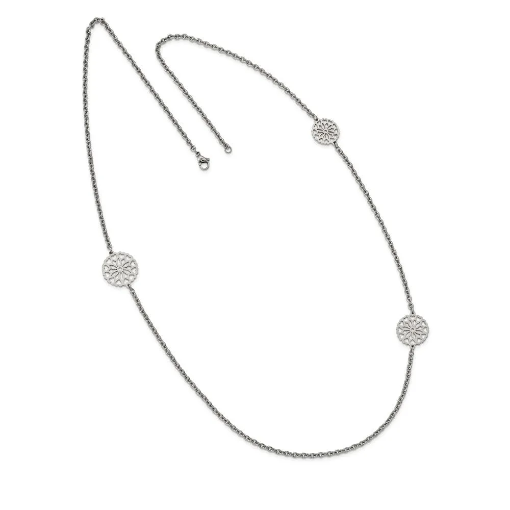 Stainless Steel Polished Flowers 32in. Necklace