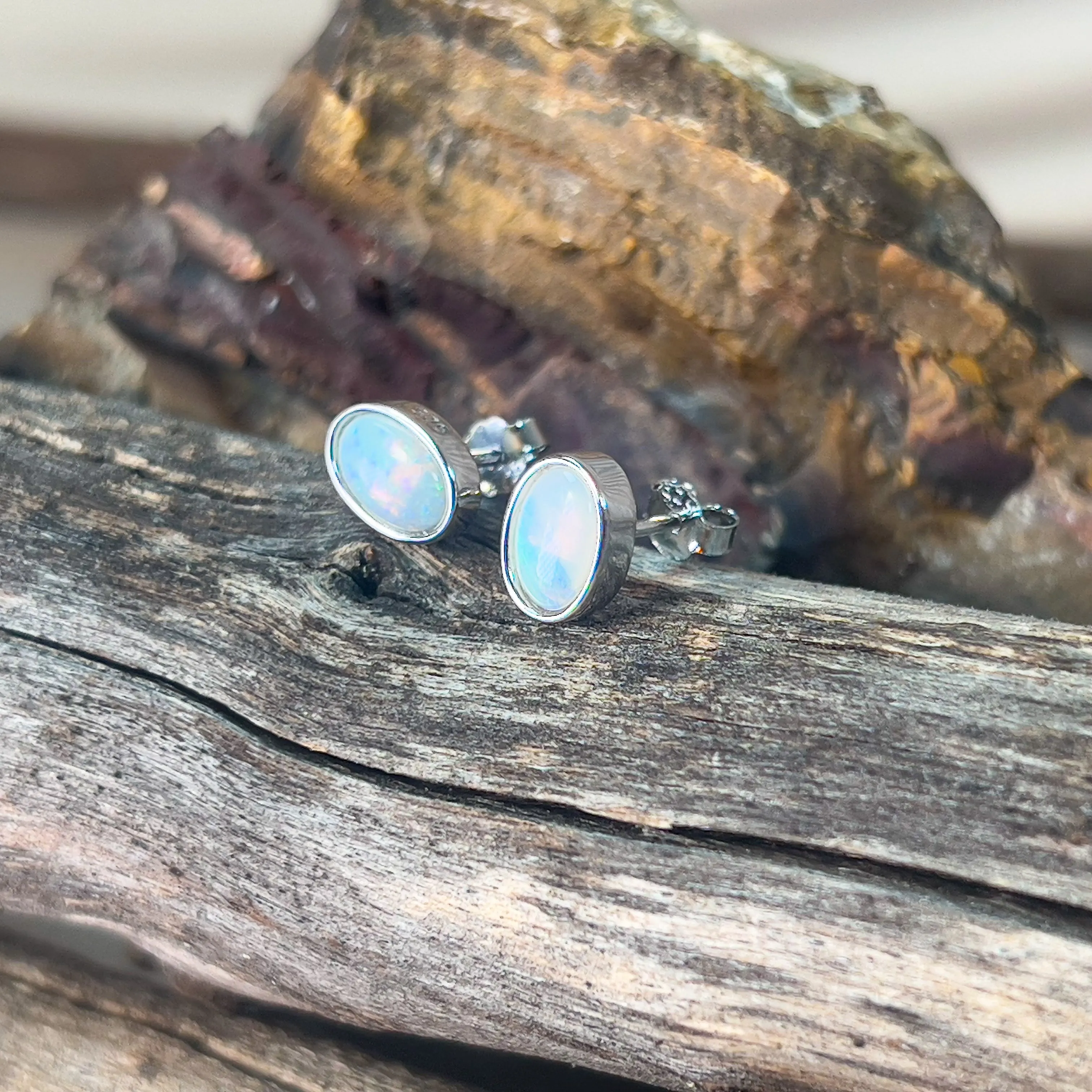 Sterling Silver 7x5mm White Opal bezel set studs