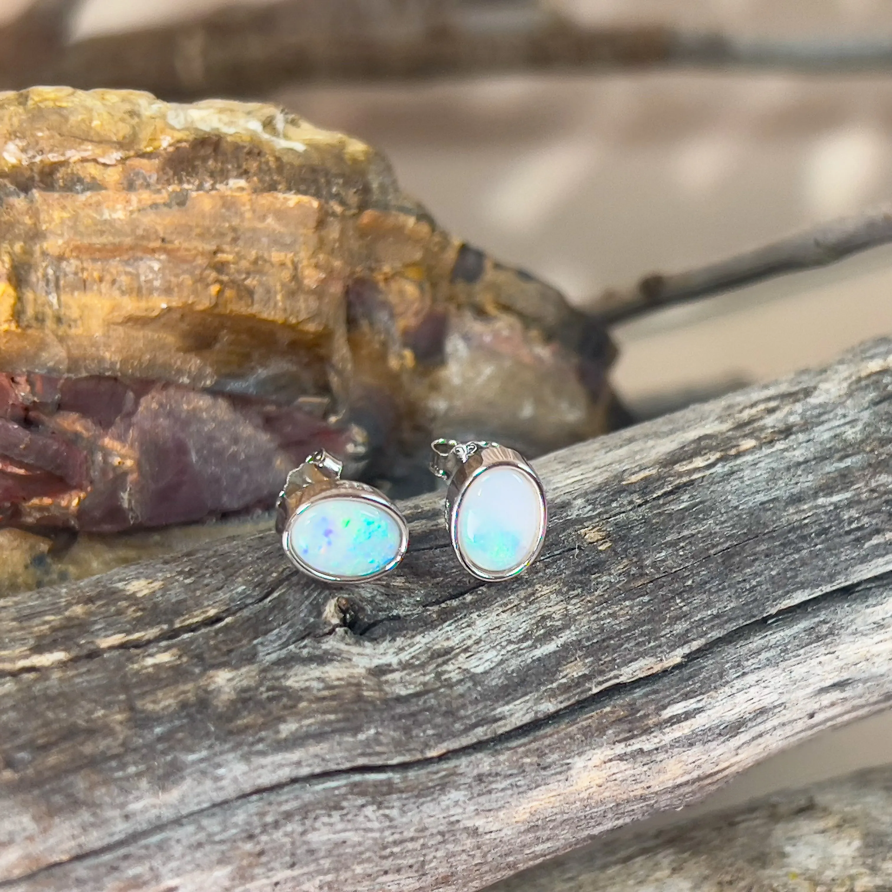 Sterling Silver 7x5mm White Opal bezel set studs