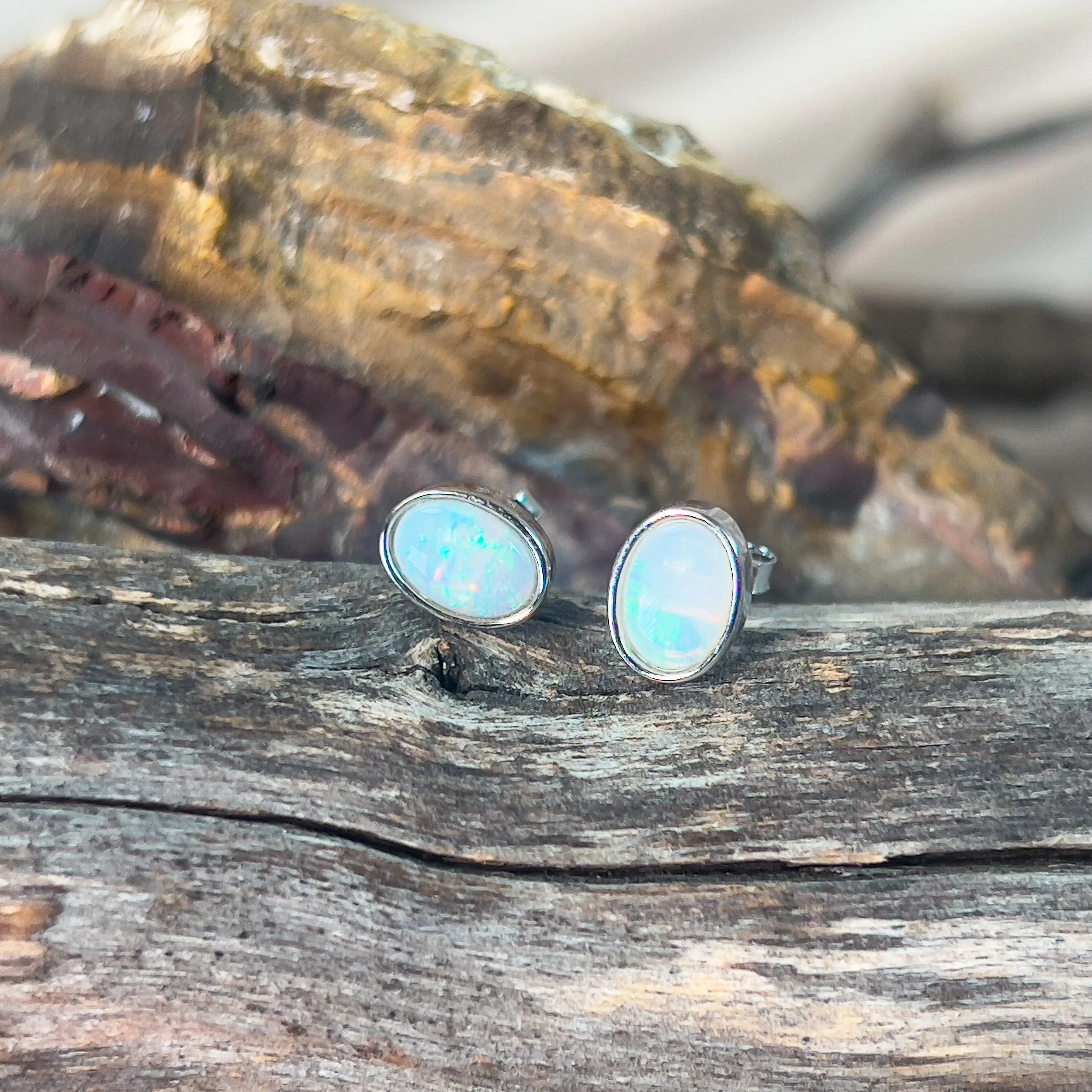 Sterling Silver 7x5mm White Opal bezel set studs