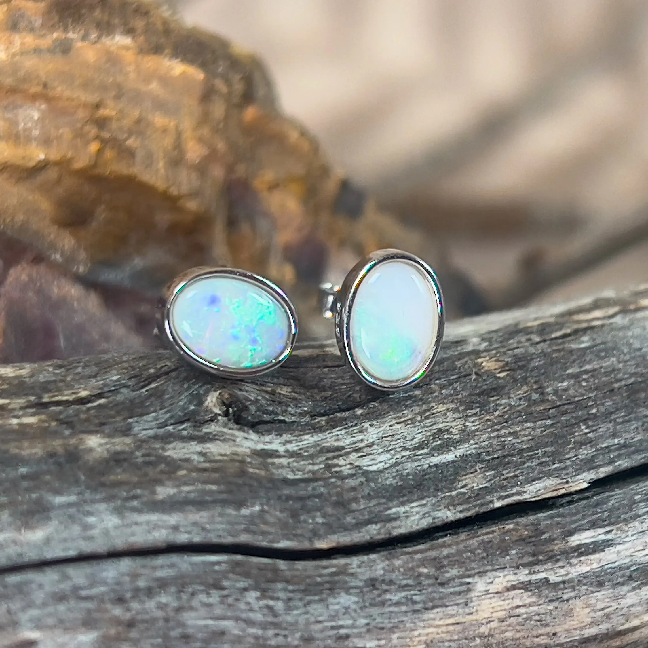 Sterling Silver 7x5mm White Opal bezel set studs