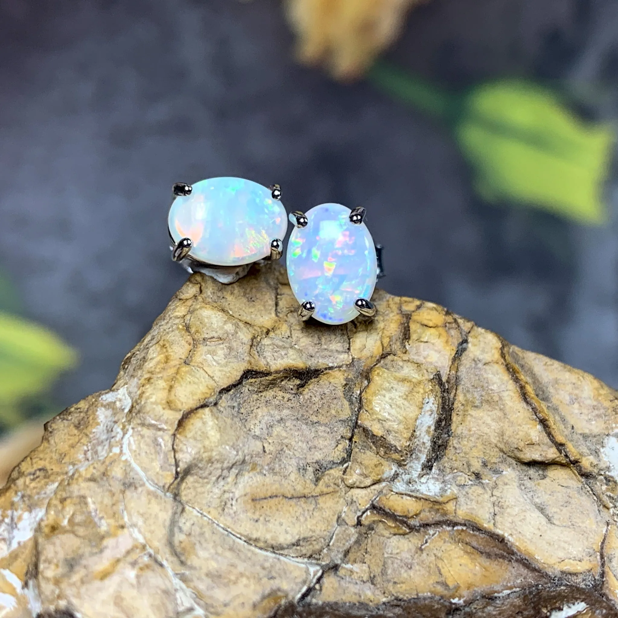 Sterling Silver 7x5mm White Opal claw studs
